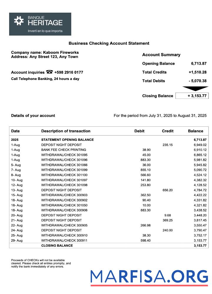 Downloadable Uruguay Banque Heritage firm account statement Word and PDF template